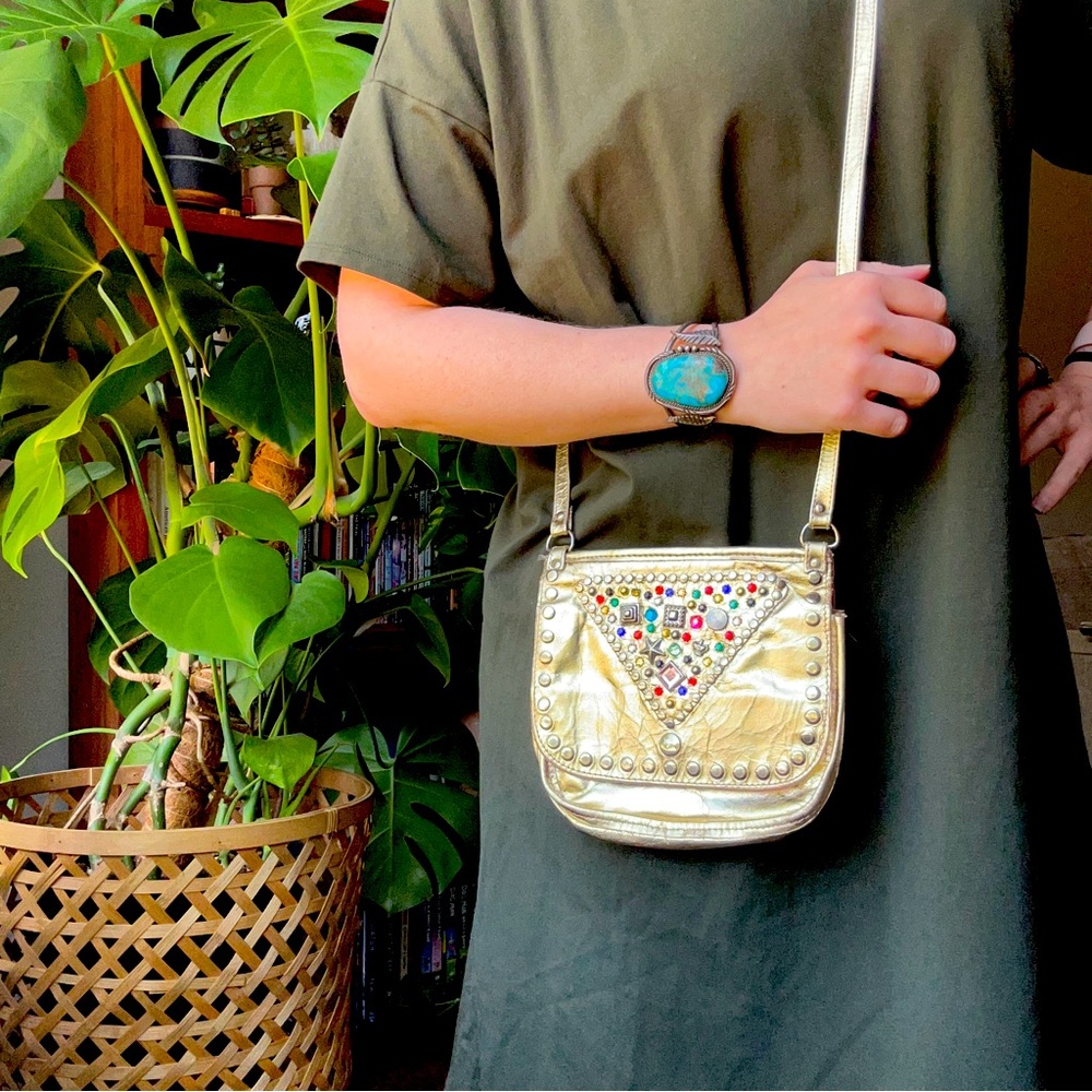 Vintage 80s gold leather bedazzled crossbody bag